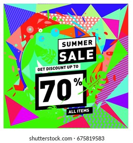 Summer sale geometric style web banner. Fashion and travel discount. Vector holiday Abstract colorful illustration with special offers and promotions.