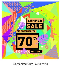 Summer sale geometric style web banner. Fashion and travel discount. Vector holiday Abstract colorful illustration with special offers and promotions.