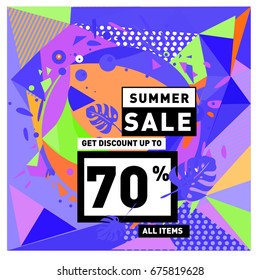 Summer sale geometric style web banner. Fashion and travel discount. Vector holiday Abstract colorful illustration with special offers and promotions.