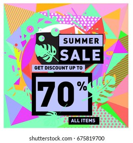 Summer sale geometric style web banner. Fashion and travel discount. Vector holiday Abstract colorful illustration with special offers and promotions.