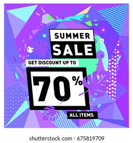 Summer sale geometric style web banner. Fashion and travel discount. Vector holiday Abstract colorful illustration with special offers and promotions.