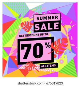 Summer sale geometric style web banner. Fashion and travel discount. Vector holiday Abstract colorful illustration with special offers and promotions.