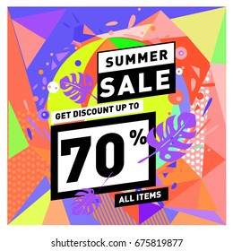 Summer sale geometric style web banner. Fashion and travel discount. Vector holiday Abstract colorful illustration with special offers and promotions.