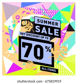 Summer sale geometric style web banner. Fashion and travel discount. Vector holiday Abstract colorful illustration with special offers and promotions.