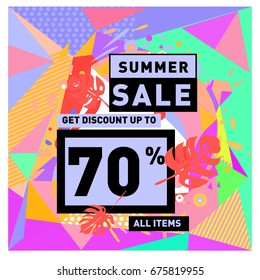 Summer sale geometric style web banner. Fashion and travel discount. Vector holiday Abstract colorful illustration with special offers and promotions.