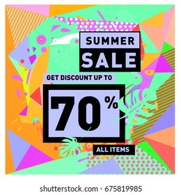 Summer sale geometric style web banner. Fashion and travel discount. Vector holiday Abstract colorful illustration with special offers and promotions.