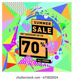 Summer sale geometric style web banner. Fashion and travel discount. Vector holiday Abstract colorful illustration with special offers and promotions.