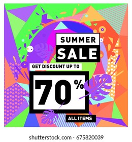 Summer sale geometric style web banner. Fashion and travel discount. Vector holiday Abstract colorful illustration with special offers and promotions.