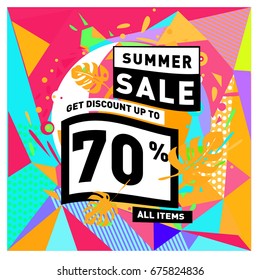 Summer sale geometric style web banner. Fashion and travel discount. Vector holiday Abstract colorful illustration with special offers and promotions.