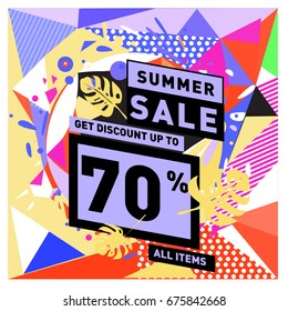 Summer sale geometric style web banner. Fashion and travel discount. Vector holiday Abstract colorful illustration with special offers and promotions.