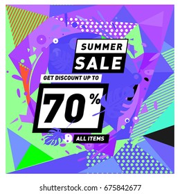 Summer sale geometric style web banner. Fashion and travel discount. Vector holiday Abstract colorful illustration with special offers and promotions.