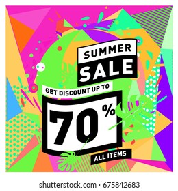 Summer sale geometric style web banner. Fashion and travel discount. Vector holiday Abstract colorful illustration with special offers and promotions.