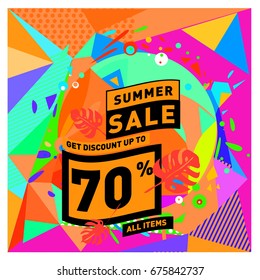 Summer sale geometric style web banner. Fashion and travel discount. Vector holiday Abstract colorful illustration with special offers and promotions.