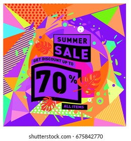 Summer sale geometric style web banner. Fashion and travel discount. Vector holiday Abstract colorful illustration with special offers and promotions.