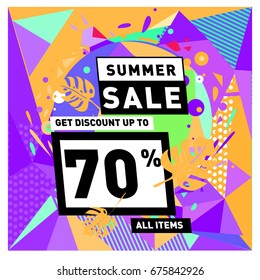 Summer sale geometric style web banner. Fashion and travel discount. Vector holiday Abstract colorful illustration with special offers and promotions.