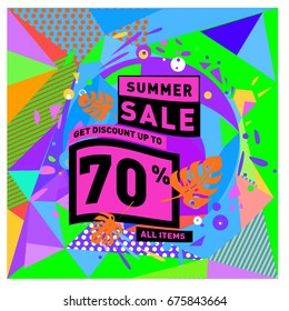 Summer sale geometric style web banner. Fashion and travel discount. Vector holiday Abstract colorful illustration with special offers and promotions.