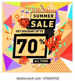 Summer sale geometric style web banner. Fashion and travel discount. Vector holiday Abstract colorful illustration with special offers and promotions.
