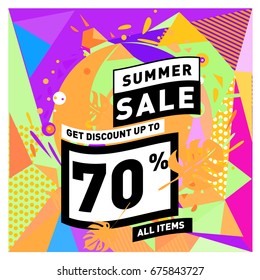 Summer sale geometric style web banner. Fashion and travel discount. Vector holiday Abstract colorful illustration with special offers and promotions.