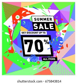 Summer sale geometric style web banner. Fashion and travel discount. Vector holiday Abstract colorful illustration with special offers and promotions.