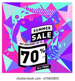 Summer sale geometric style web banner. Fashion and travel discount. Vector holiday Abstract colorful illustration with special offers and promotions.