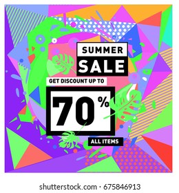 Summer sale geometric style web banner. Fashion and travel discount. Vector holiday Abstract colorful illustration with special offers and promotions.