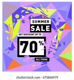 Summer sale geometric style web banner. Fashion and travel discount. Vector holiday Abstract colorful illustration with special offers and promotions.