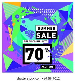 Summer sale geometric style web banner. Fashion and travel discount. Vector holiday Abstract colorful illustration with special offers and promotions.