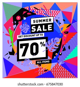 Summer sale geometric style web banner. Fashion and travel discount. Vector holiday Abstract colorful illustration with special offers and promotions.