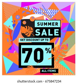 Summer sale geometric style web banner. Fashion and travel discount. Vector holiday Abstract colorful illustration with special offers and promotions.