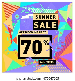 Summer sale geometric style web banner. Fashion and travel discount. Vector holiday Abstract colorful illustration with special offers and promotions.