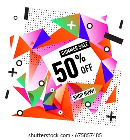 Summer sale geometric style web banner. Fashion and travel discount. Vector holiday Abstract colorful illustration with special offers and promotions.