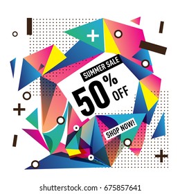 Summer sale geometric style web banner. Fashion and travel discount. Vector holiday Abstract colorful illustration with special offers and promotions.
