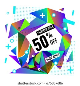 Summer sale geometric style web banner. Fashion and travel discount. Vector holiday Abstract colorful illustration with special offers and promotions.