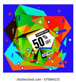 Summer sale geometric style web banner. Fashion and travel discount. Vector holiday Abstract colorful illustration with special offers and promotions.
