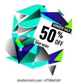 Summer sale geometric style web banner. Fashion and travel discount. Vector holiday Abstract colorful illustration with special offers and promotions.
