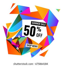 Summer sale geometric style web banner. Fashion and travel discount. Vector holiday Abstract colorful illustration with special offers and promotions.