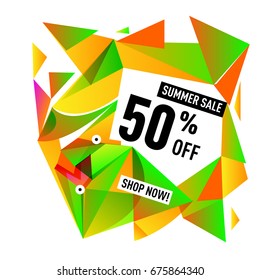 Summer sale geometric style web banner. Fashion and travel discount. Vector holiday Abstract colorful illustration with special offers and promotions.