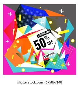 Summer sale geometric style web banner. Fashion and travel discount. Vector holiday Abstract colorful illustration with special offers and promotions.