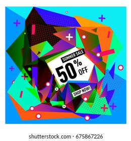 Summer sale geometric style web banner. Fashion and travel discount. Vector holiday Abstract colorful illustration with special offers and promotions.