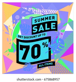 Summer sale geometric style web banner. Fashion and travel discount. Vector holiday Abstract colorful illustration with special offers and promotions.