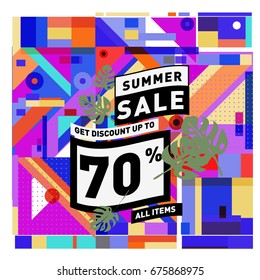 Summer sale geometric style web banner. Fashion and travel discount. Vector holiday Abstract colorful illustration with special offers and promotions.