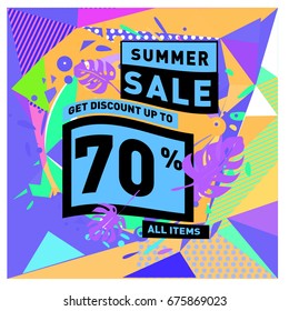Summer sale geometric style web banner. Fashion and travel discount. Vector holiday Abstract colorful illustration with special offers and promotions.