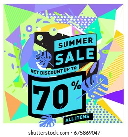 Summer sale geometric style web banner. Fashion and travel discount. Vector holiday Abstract colorful illustration with special offers and promotions.