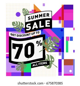 Summer sale geometric style web banner. Fashion and travel discount. Vector holiday Abstract colorful illustration with special offers and promotions.