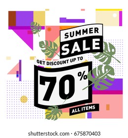 Summer sale geometric style web banner. Fashion and travel discount. Vector holiday Abstract colorful illustration with special offers and promotions.