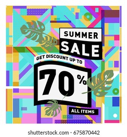 Summer sale geometric style web banner. Fashion and travel discount. Vector holiday Abstract colorful illustration with special offers and promotions.