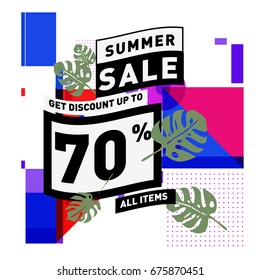 Summer sale geometric style web banner. Fashion and travel discount. Vector holiday Abstract colorful illustration with special offers and promotions.