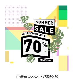 Summer sale geometric style web banner. Fashion and travel discount. Vector holiday Abstract colorful illustration with special offers and promotions.