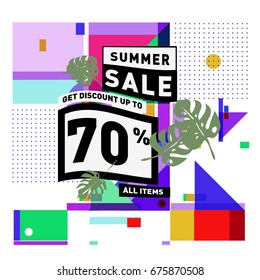Summer sale geometric style web banner. Fashion and travel discount. Vector holiday Abstract colorful illustration with special offers and promotions.