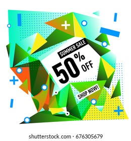 Summer sale geometric style web banner. Fashion and travel discount. Vector holiday Abstract colorful illustration with special offers and promotions.